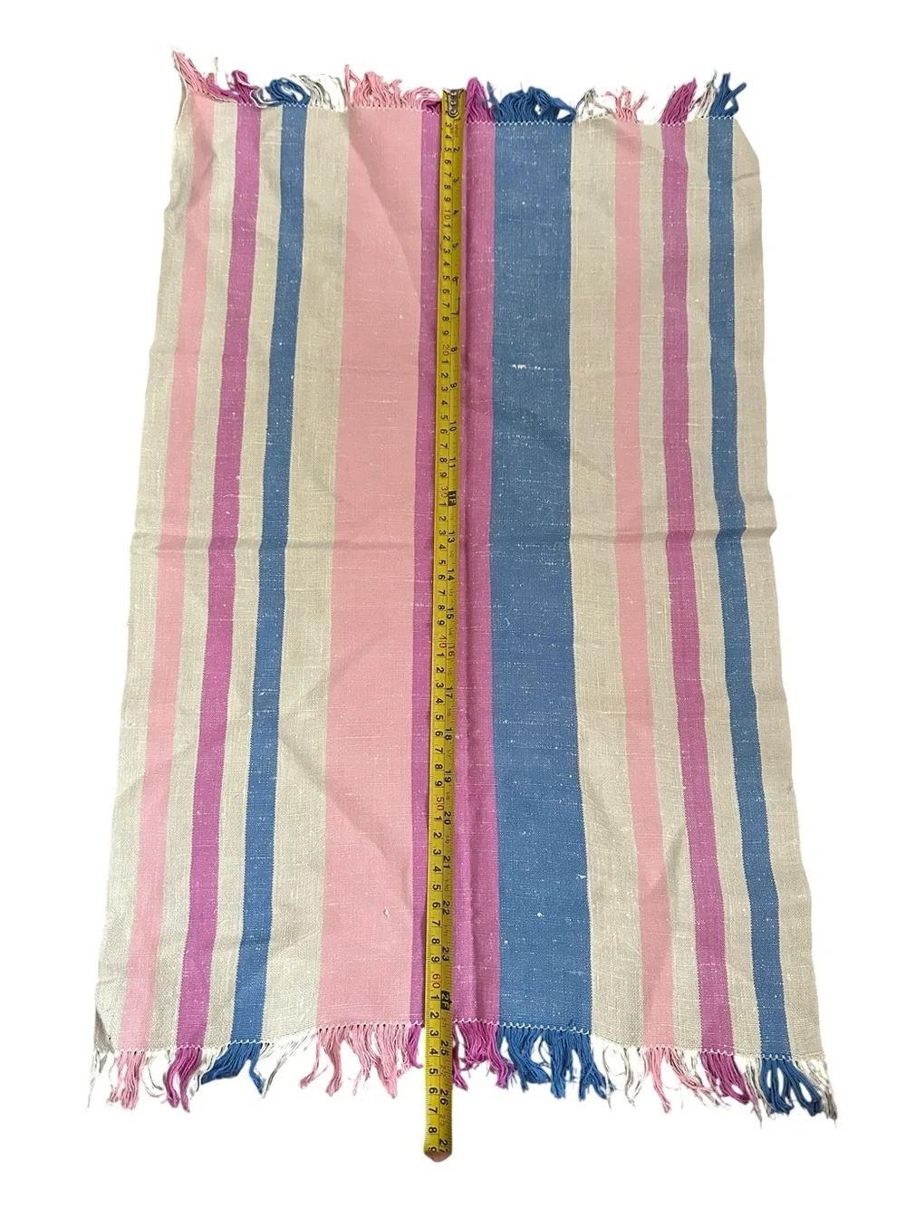 Vintage Linen Kitchen Dish Hand Towel Beige Pink Blue Purple Stripes Fringe 25